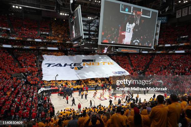 General view of the arena during Game Three of Round One of the 2019 NBA Playoffs between the Houston Rockets and the Utah Jazz on April 20, 2019 at...