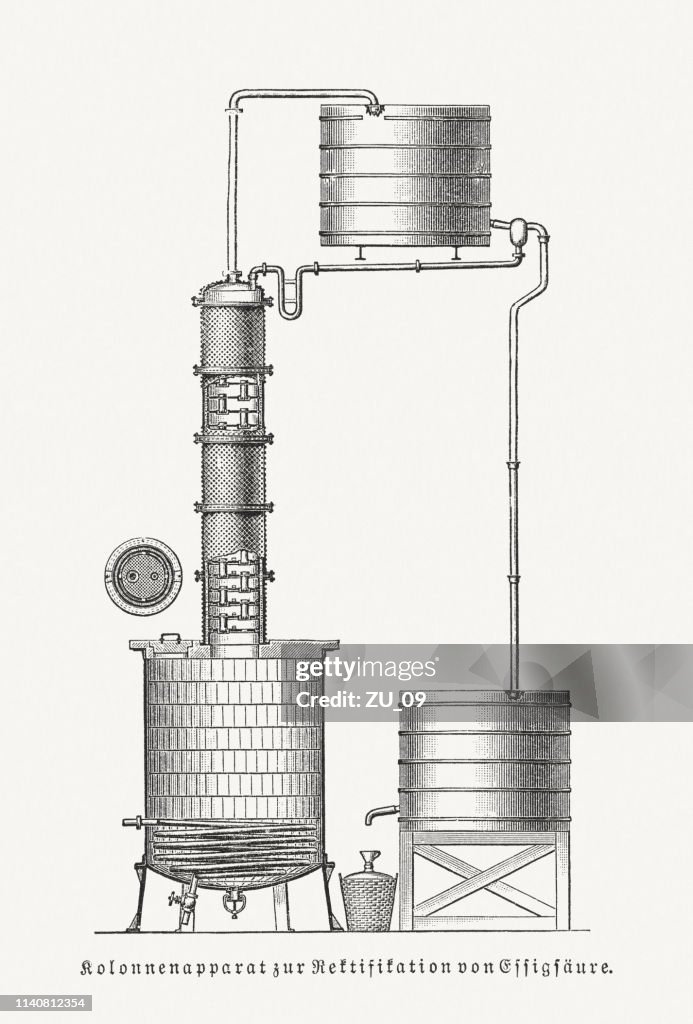 Fractionating column for the distillation of pyroligneous acid, woodcut, 1898
