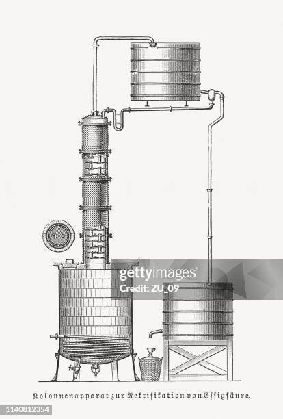 fractionating column for the distillation of pyroligneous acid, woodcut, 1898 - distillation column stock illustrations