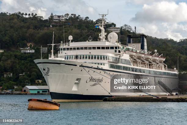 The Freewinds cruise ship owned by the Church of Scientology is seen docked in quarantine at the Point Seraphine terminal in Castries, Saint Lucia,...