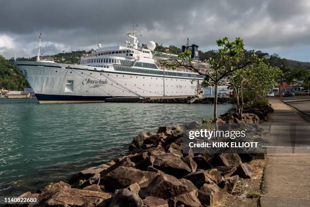 The Freewinds cruise ship owned by the Church of Scientology is seen docked in quarantine at the Point Seraphine terminal in Castries, Saint Lucia,...