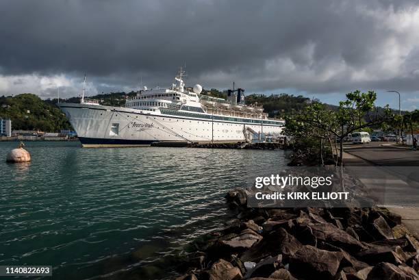 The Freewinds cruise ship owned by the Church of Scientology is seen docked in quarantine at the Point Seraphine terminal in Castries, Saint Lucia,...