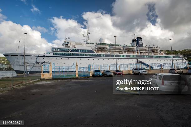 The Freewinds cruise ship owned by the Church of Scientology is seen docked in quarantine at the Point Seraphine terminal in Castries, Saint Lucia,...