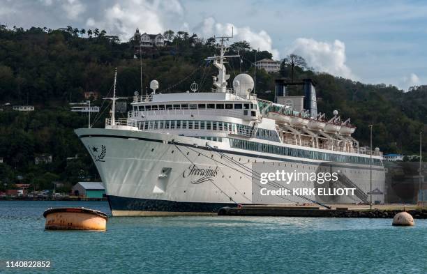 The Freewinds cruise ship owned by the Church of Scientology is seen docked in quarantine at the Point Seraphine terminal in Castries, Saint Lucia,...