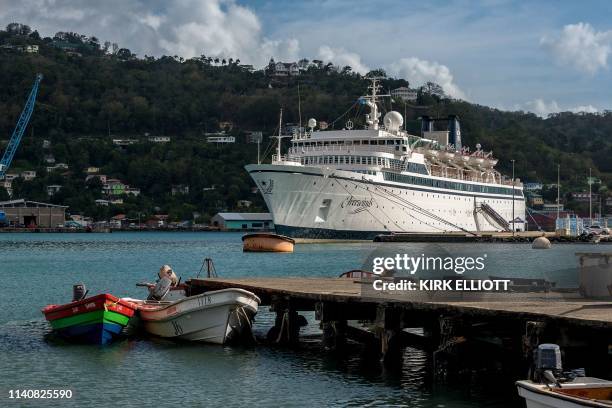 The Freewinds cruise ship owned by the Church of Scientology is seen docked in quarantine at the Point Seraphine terminal in Castries, Saint Lucia,...