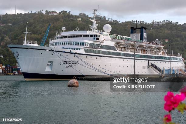 The Freewinds cruise ship owned by the Church of Scientology is seen docked in quarantine at the Point Seraphine terminal in Castries, Saint Lucia,...