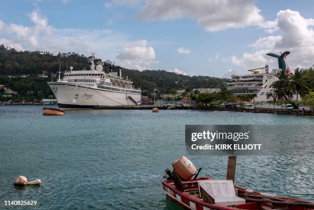 The Freewinds cruise ship owned by the Church of Scientology is seen docked in quarantine at the Point Seraphine terminal in Castries, Saint Lucia,...