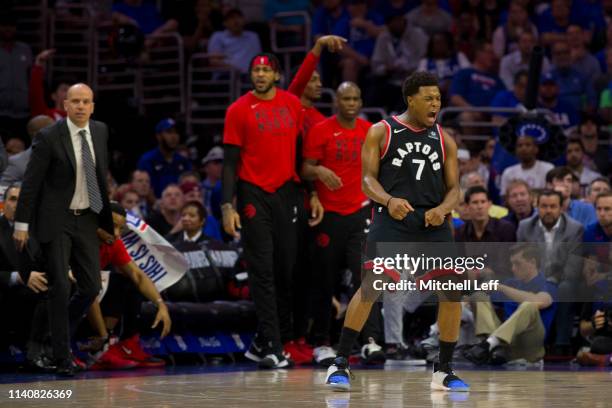 Kyle Lowry of the Toronto Raptors reacts against the Philadelphia 76ers in the second quarter of Game Three of the Eastern Conference Semifinals at...