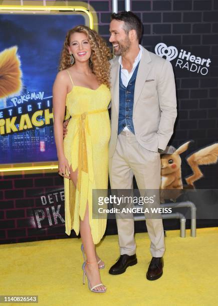 Canadian actor Ryan Reynolds and his wife actress Blake Lively attend the premiere of "Pokemon Detective Pikachu" at Military Island - Times Square...