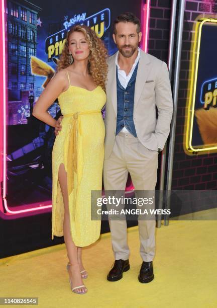 Canadian actor Ryan Reynolds and his wife actress Blake Lively attend the premiere of "Pokemon Detective Pikachu" at Military Island - Times Square...