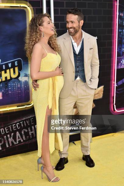 Blake Lively and Ryan Reynolds attend the premiere of "Pokemon Detective Pikachu" at Military Island in Times Square on May 2, 2019 in New York City.