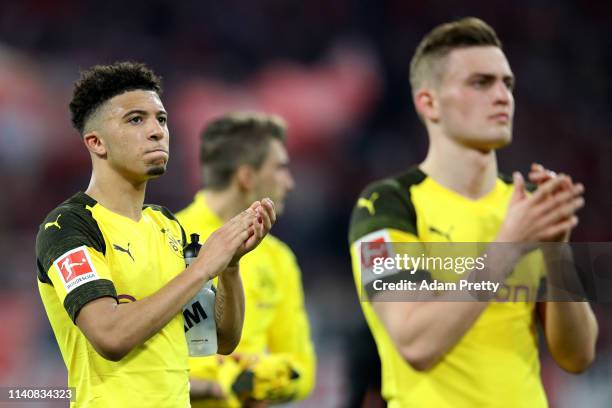 Jadon Sancho of Borussia Dortmund acknowledges the fans after the Bundesliga match between FC Bayern Muenchen and Borussia Dortmund at Allianz Arena...