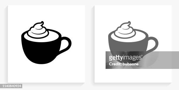 stockillustraties, clipart, cartoons en iconen met koffie met slagroom zwart en wit vierkant pictogram - whipped cream
