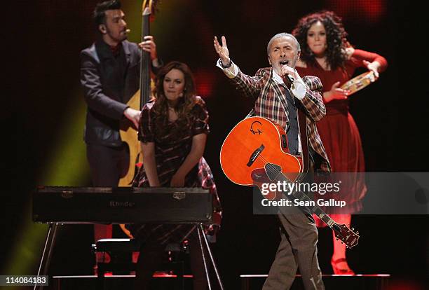 Dino Merlin of Bosnia and Herzegovina performs at a dress rehearsal the day before the second semi-finals of the Eurovision Song Contest 2011 on May...