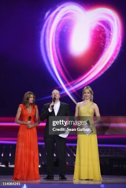 Hosts Anke Engelke, Stefan Raab and Judith Rakers lead a dress rehearsal the day before the second semi-finals of the Eurovision Song Contest 2011 on...