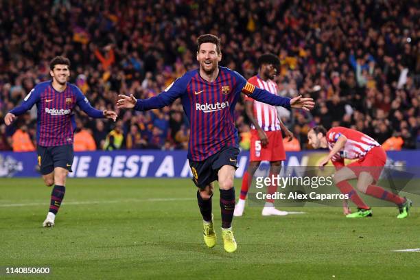 Lionel Messi of Barcelona celebrates after scoring his team's second goal during the La Liga match between FC Barcelona and Club Atletico de Madrid...