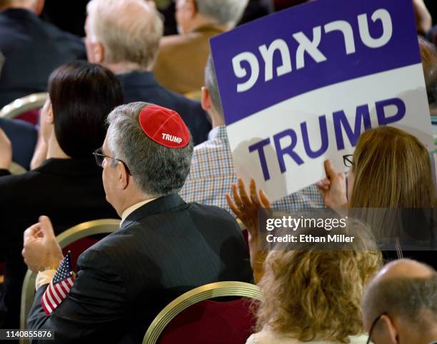 An attendee wears a yarmulke with the word "Trump" on it while waiting to hear U.S. President Donald Trump speak during the Republican Jewish...