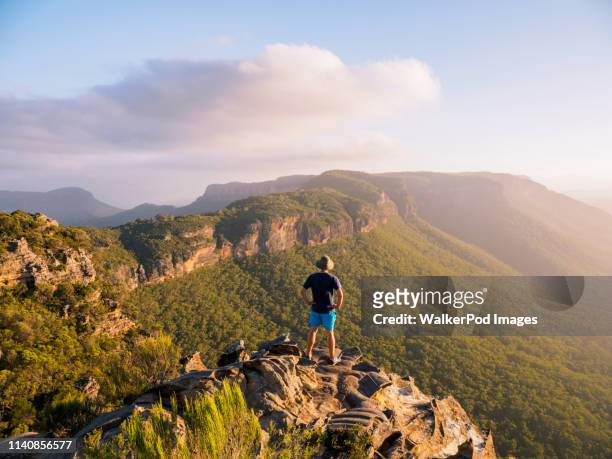 man standing on peak of blue mountains in new south wales, australia - new south wales stockfoto's en -beelden
