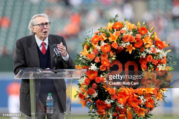 Former Baltimore Orioles player Brooks Robinson speaks during a ceremony honoring former Oriole legend Frank Robinson who died earlier in the year,...