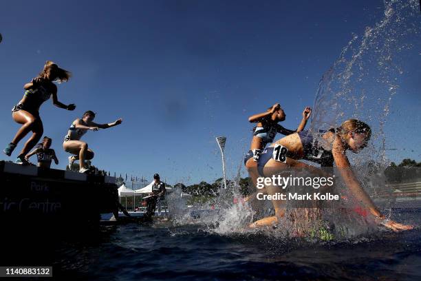 General view is seen of the water jump in the Women 2000 Metres Steeplechase U17 final during the Australian Track and Field Championships at Sydney...