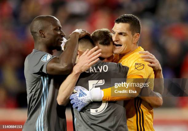 Ike Opara,Brent Kallman,Fnracisco Calvo and Vito Mannone of Minnesota United celebrate the win over the New York Red Bulls at Red Bull Arena on April...