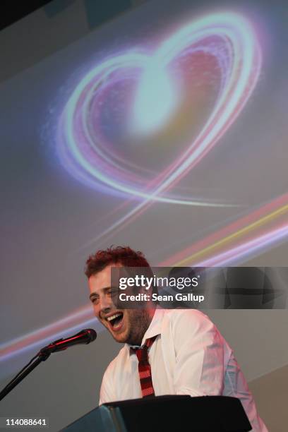 Raphael Gualazzi of Italy performs while sailing on a ship on the Rhine River during the Eurovision Song Contest 2011 on May 11, 2011 in Duesseldorf,...