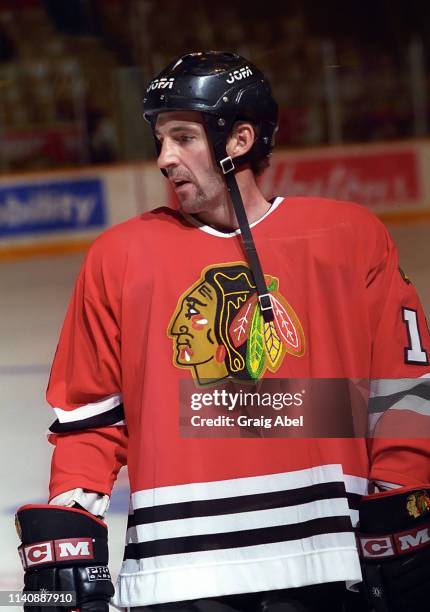 Denis Savard of the Chicago Black Hawks skates against the Toronto Maple Leafs during NHL playoff game action on May 11, 1995 at Maple Leaf Gardens...