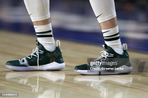 Detail view of the Nike Kobe AD sneakers worn by the Michigan State Spartans in the first half against the Texas Tech Red Raiders during the 2019...