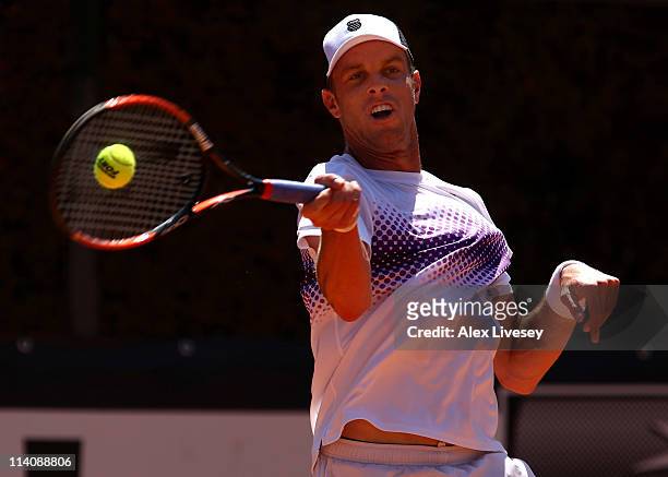 Sam Querrey of USA plays a forehand return during his second round match against Nicolas Almagro of Spain during day four of the Internazionali BNL...