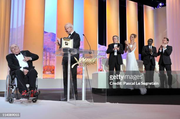 Filmmaker Bernardo Bertolucci, President of the Cannes Film Festival Gilles Jacob, Jury members Robert De Niro, Uma Thurman, Mahamat-Saleh Haroun and...