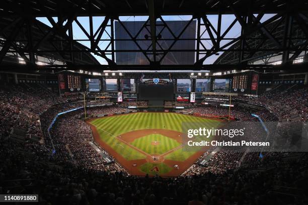 General view of action as starting pitcher Luke Weaver of the Arizona Diamondbacks pitches against the Boston Red Sox during the fifth inning of the...