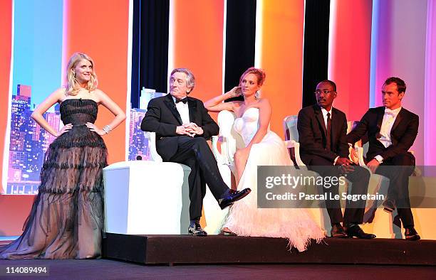 Actress Melanie Lauren, Jury members Robert De Niro, Uma Thurman, Mahamat-Saleh Haroun and Jude Law onstage at the Opening Ceremony at the Palais des...