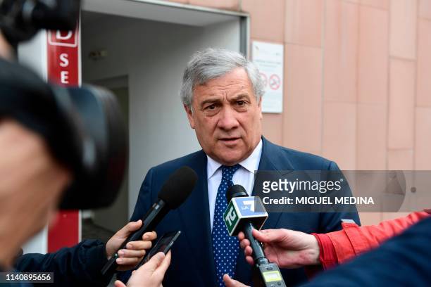 President of the European Parliament Antonio Tajani answers journalists' questions as he leaves the San Raffaele hospital in Milan, on May 3, 2019...