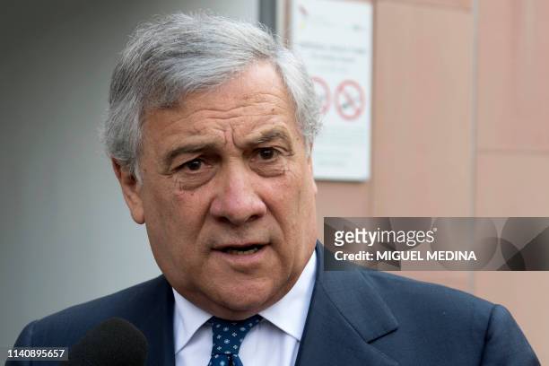 President of the European Parliament Antonio Tajani answers journalists' questions as he leaves the San Raffaele hospital in Milan, on May 3, 2019...