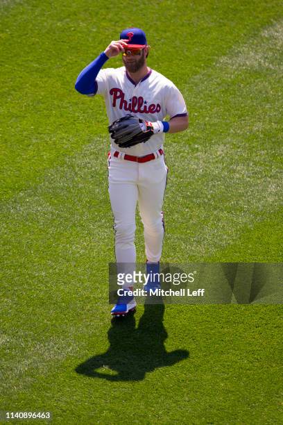 Bryce Harper of the Philadelphia Phillies salutes the crowd prior to the game against the Minnesota Twins at Citizens Bank Park on April 6, 2019 in...