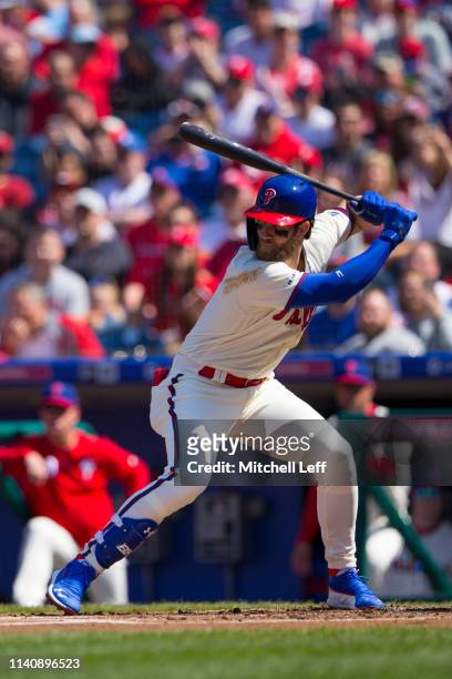 Bryce Harper of the Philadelphia Phillies bats against the Minnesota Twins at Citizens Bank Park on April 6, 2019 in Philadelphia, Pennsylvania. The...