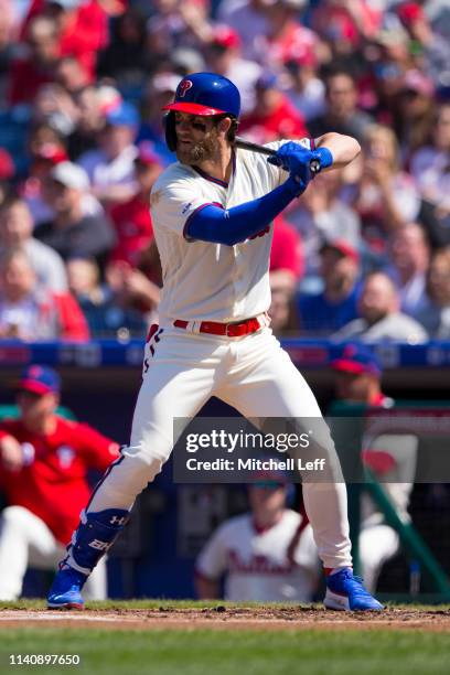 Bryce Harper of the Philadelphia Phillies bats against the Minnesota Twins at Citizens Bank Park on April 6, 2019 in Philadelphia, Pennsylvania. The...