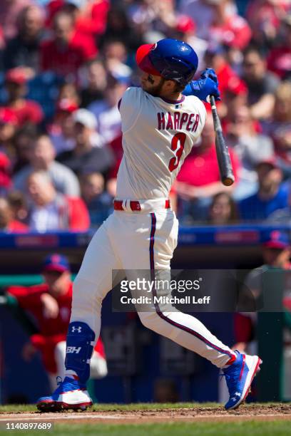 Bryce Harper of the Philadelphia Phillies bats against the Minnesota Twins at Citizens Bank Park on April 6, 2019 in Philadelphia, Pennsylvania. The...