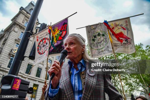 Fashion designer and activist Dame Vivienne Westwood speaks at Extinction Rebellions Carn-evil of Chaos Fashion Parade at the Brazilian Embassy on...