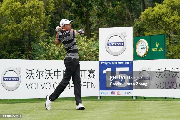 Benjamin Hebert of France plays a shot during the day two of the 2019 Volvo China Open at Genzon Golf Club on May 3, 2019 in Shenzhen, China.