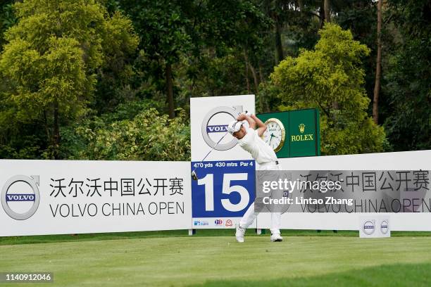 Kuang Yang of China plays a shot during the day two of the 2019 Volvo China Open at Genzon Golf Club on May 3, 2019 in Shenzhen, China.