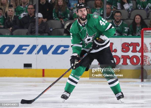 Roman Polak of the Dallas Stars handles the puck against the Minnesota Wild at the American Airlines Center on April 6, 2019 in Dallas, Texas.