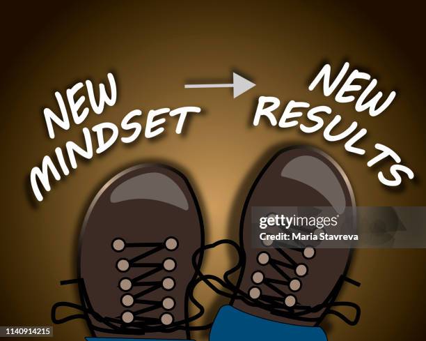 boot on the trail with the text: new mindset-new results.vector - overcome challenges stock illustrations