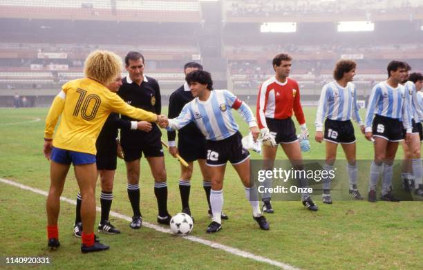 Carlos Valderrama of Colombia and Diego Maradona of Argentina during the match for the third place Copa America between Colombia and Argentina in...