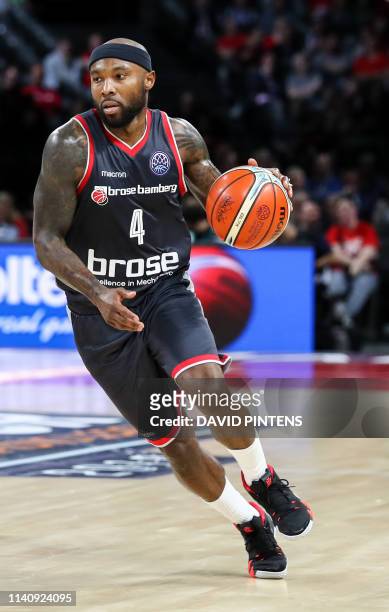 Bamberg's Tyrese Rice vies during a basketball match between German team Brose Bamberg and Italian Virtus Pallacanestro Bologna, the first leg of the...
