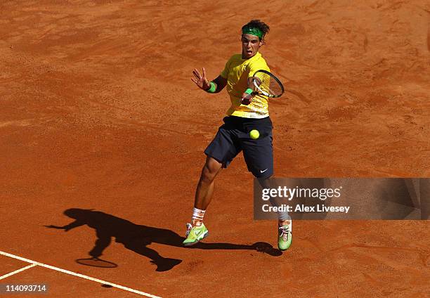 Rafael Nadal of Spain plays a forehand return during his second round match against Paolo Lorenzi of Italy during day four of the Internazionali BNL...