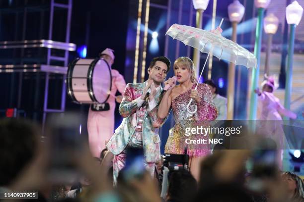 Show Backstage -- 2019 BBMA at the MGM Grand, Las Vegas, Nevada -- Pictured: Brendon Urie and Taylor Swift --