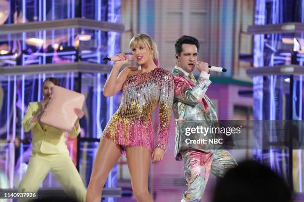 Show Backstage -- 2019 BBMA at the MGM Grand, Las Vegas, Nevada -- Pictured: Brendon Urie and Taylor Swift --