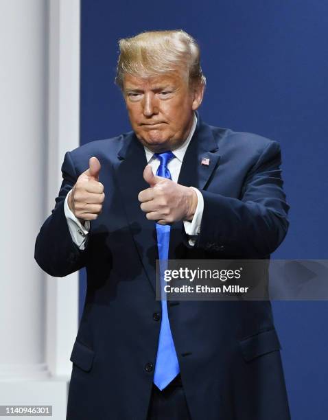 President Donald Trump gestures after speaking during the Republican Jewish Coalition's annual leadership meeting at The Venetian Las Vegas on April...