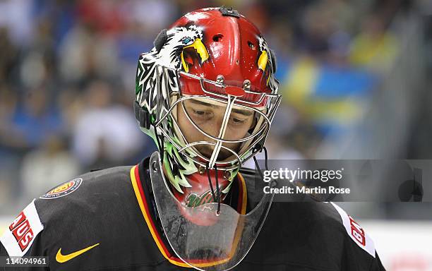 Dennis Endras goalkeeper looks dejected after the IIHF World Championship quarter final match between Sweden and Germany at Orange Arena on May 11,...